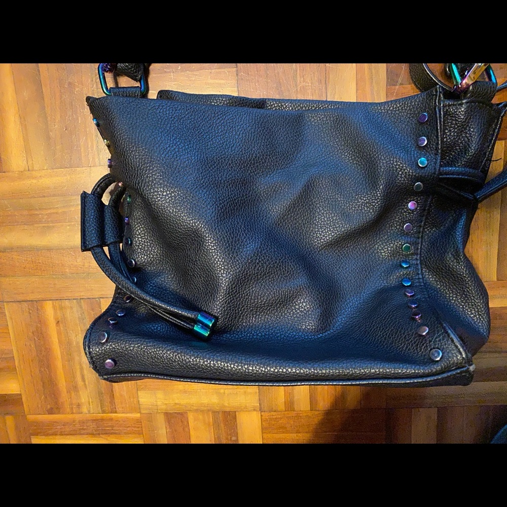 Black leather/ colored chrome embellishment purse